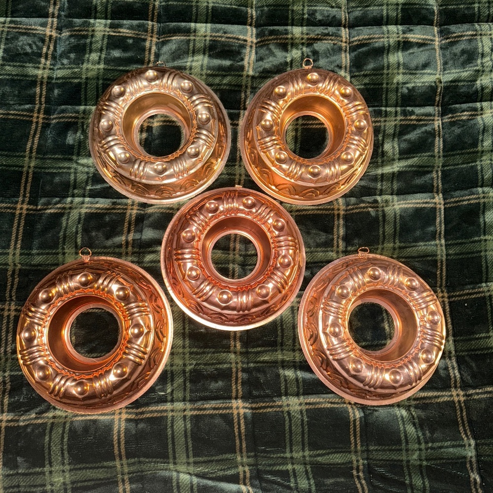 Lot of 5 Vintage Copper Jello Mold Molds 3 ½ Cup Ice Aspic Bundt Cake 8 ½"